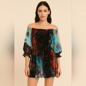 🏷RARE Hale Bob Womens Size Large Floral Burnout Velvet Silk Beaded Mini Dress